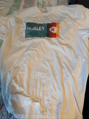 Hurley White Tee with Teal and Orange Graphic